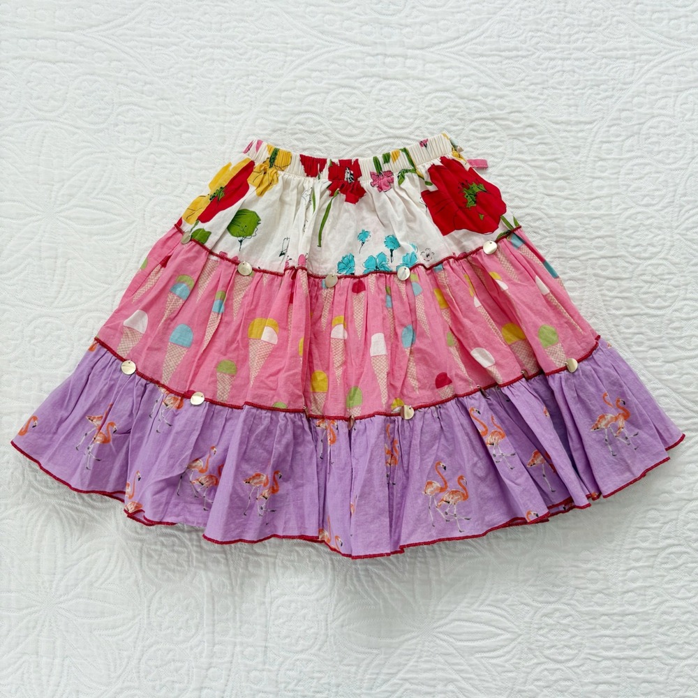 Pink Chicken NY Tiered Cotton Skirt, Floral / Ice Cream / Flamingos Sz 7 Yr